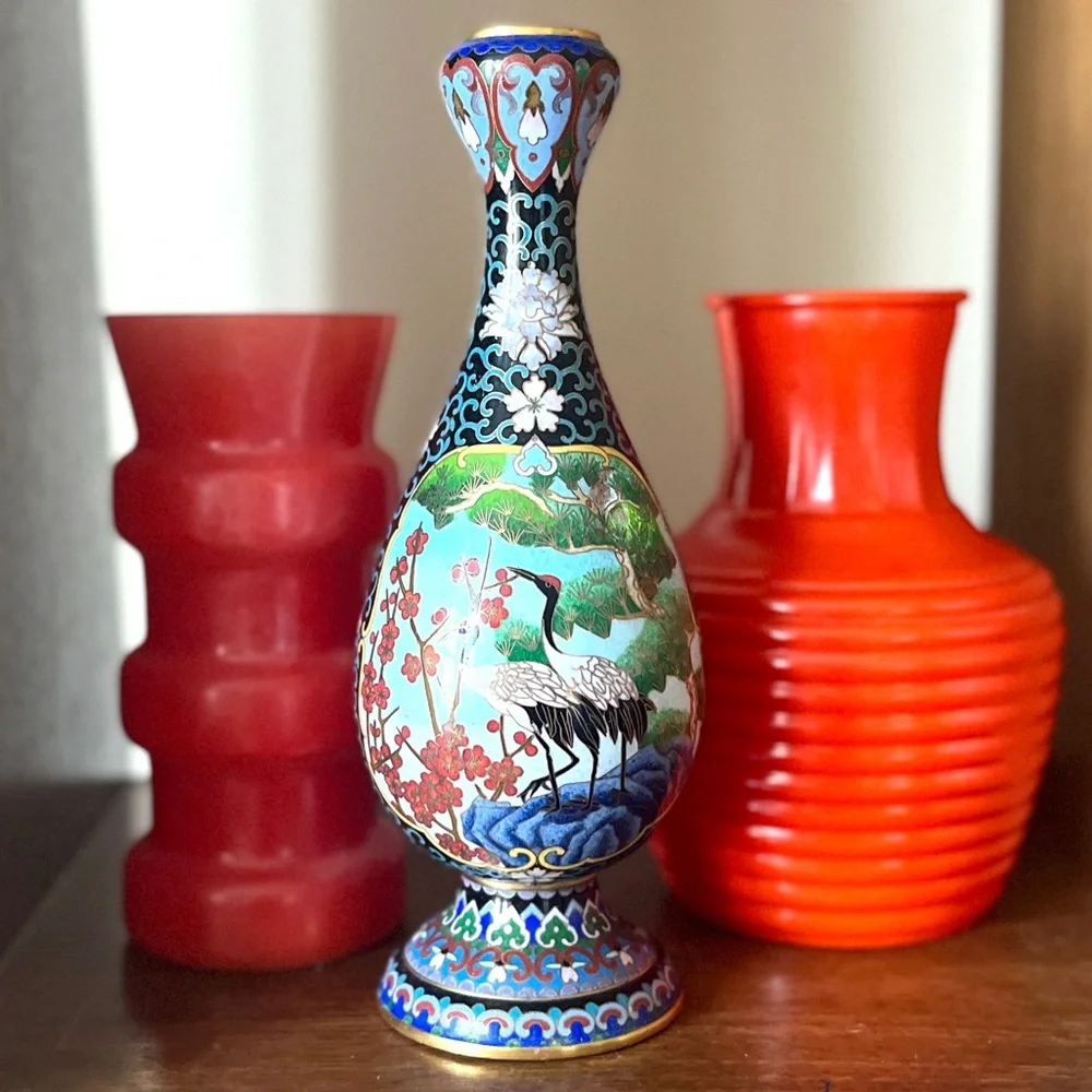 Antique Chinese Cloisonné Vase Colorful Enamel Crane Egret Birds Cherry Blossoms